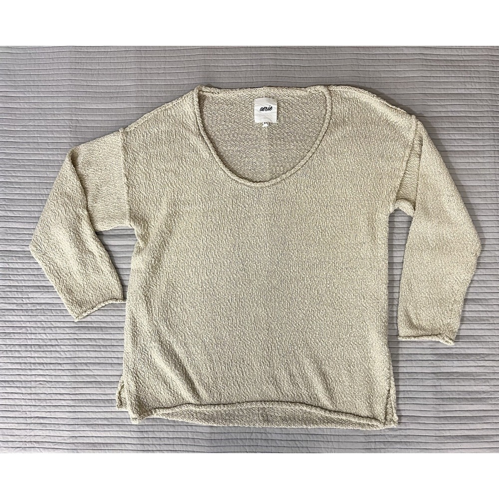 Aerie Oversized Sweater Long Sleeve Sweatshirt Beige Pullover Womens Size Medium